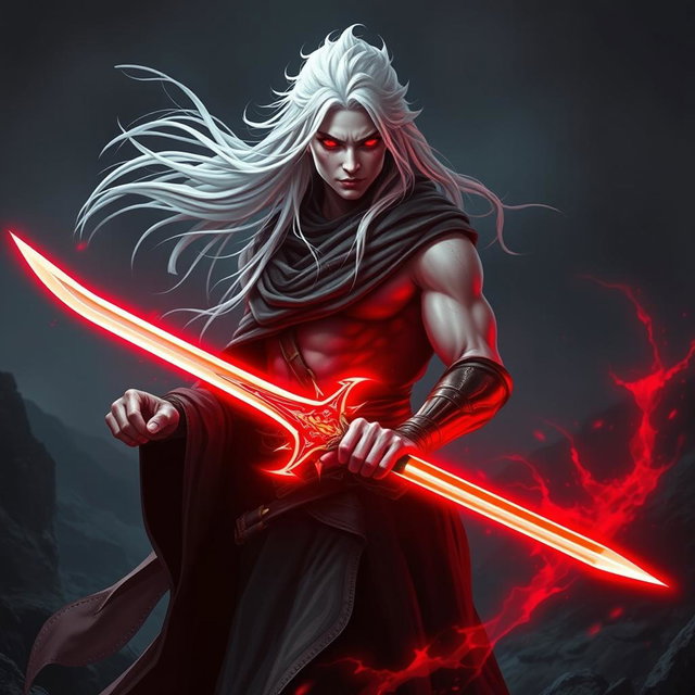 A striking figure with flowing white hair and ashen skin, standing confidently while holding a sword made of bright crimson light
