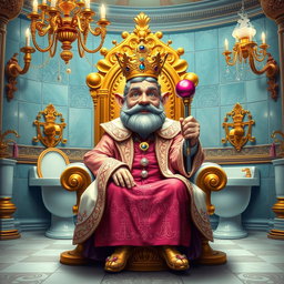 A whimsical and imaginative depiction of 'The Toilet Lord', a character sitting regally on a golden toilet throne adorned with intricate designs