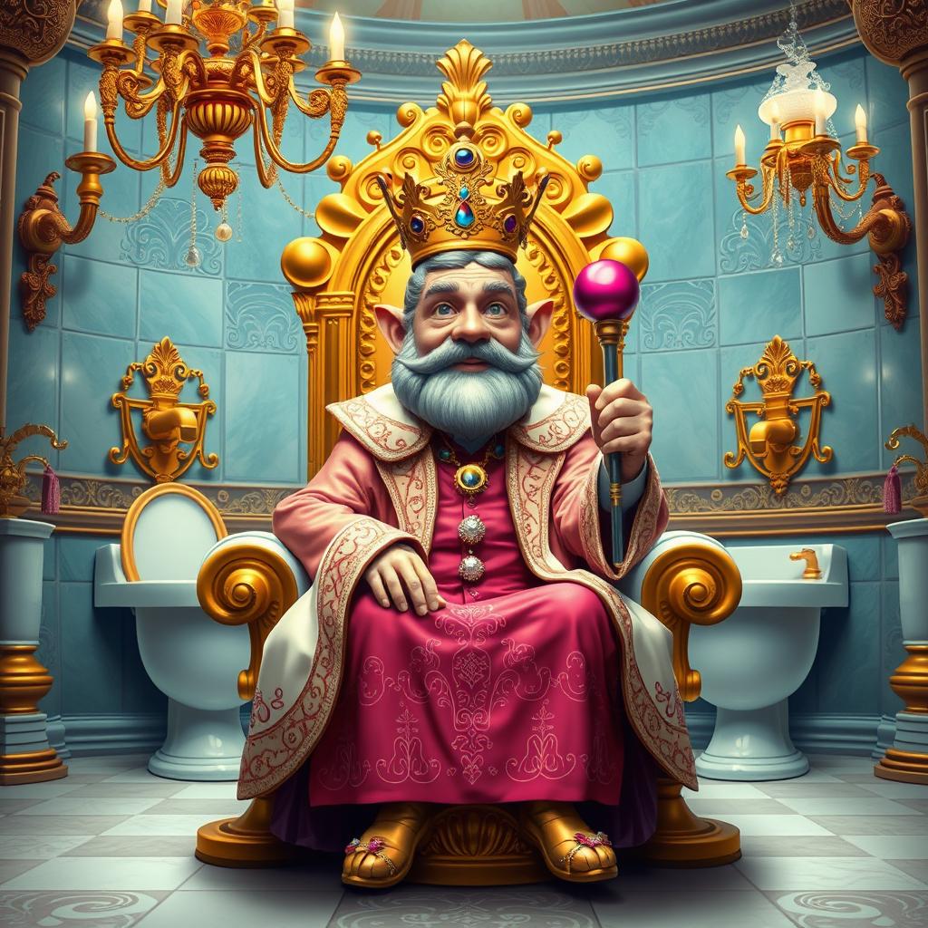 A whimsical and imaginative depiction of 'The Toilet Lord', a character sitting regally on a golden toilet throne adorned with intricate designs