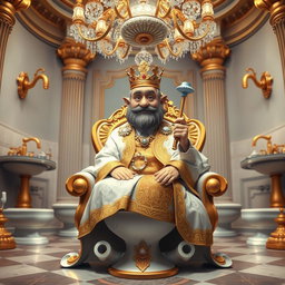A whimsical and imaginative depiction of 'The Toilet Lord', a character sitting regally on a golden toilet throne adorned with intricate designs