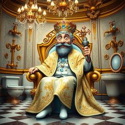 A whimsical and imaginative depiction of 'The Toilet Lord', a character sitting regally on a golden toilet throne adorned with intricate designs