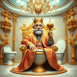 A whimsical and imaginative depiction of 'The Toilet Lord', a character sitting regally on a golden toilet throne adorned with intricate designs