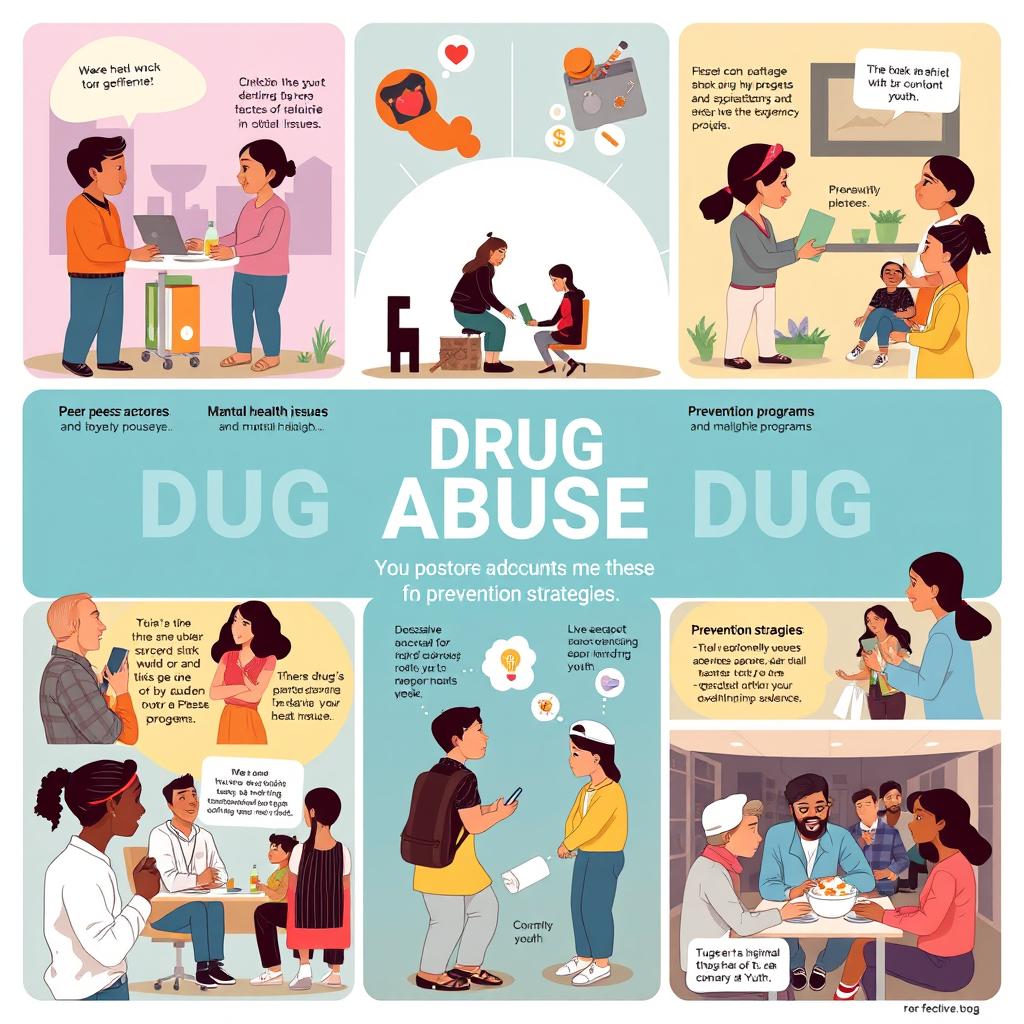 A visually impactful image depicting the various factors leading to drug abuse and prevention strategies