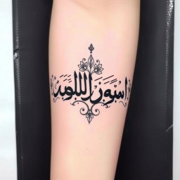 A detailed tattoo design featuring the Persian calligraphy of the names "محیا ضحی لعیا" beautifully intertwined