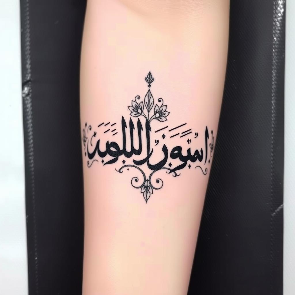 A detailed tattoo design featuring the Persian calligraphy of the names "محیا ضحی لعیا" beautifully intertwined