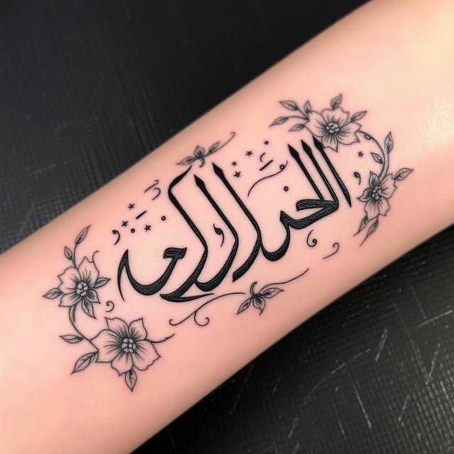 A detailed tattoo design featuring the Persian calligraphy of the names "محیا ضحی لعیا" beautifully intertwined