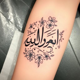 A detailed tattoo design featuring the Persian calligraphy of the names "محیا ضحی لعیا" beautifully intertwined
