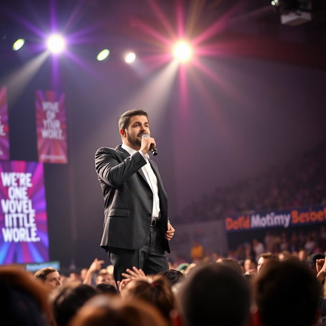 An inspiring person passionately speaking into a microphone on a large stage, illuminated by bright lights