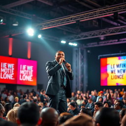 An inspiring person passionately speaking into a microphone on a large stage, illuminated by bright lights