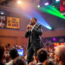An inspiring person passionately speaking into a microphone on a large stage, illuminated by bright lights