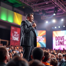 An inspiring person passionately speaking into a microphone on a large stage, illuminated by bright lights