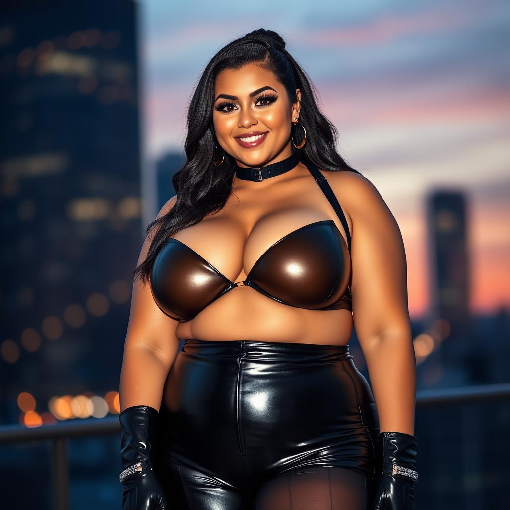 A stylish and confident chubby girl wearing sleek latex clothing and thigh-high stockings