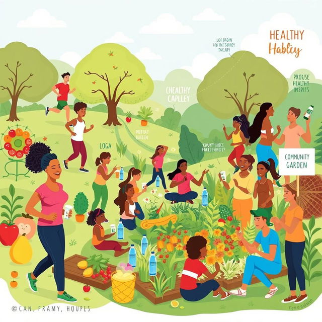 A visually engaging illustration of various factors promoting healthy lifestyle habits