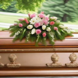 A respectful image of an ornate, well-polished funeral casket adorned with fresh flowers, captured in a serene and peaceful setting.