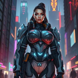 A tall, voluptuous woman serving as the captain of the Vex Diagnostics combat recovery team, clad in sleek, futuristic tactical armor that reflects a cyberpunk aesthetic