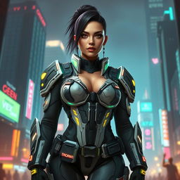A tall, voluptuous woman serving as the captain of the Vex Diagnostics combat recovery team, clad in sleek, futuristic tactical armor that reflects a cyberpunk aesthetic
