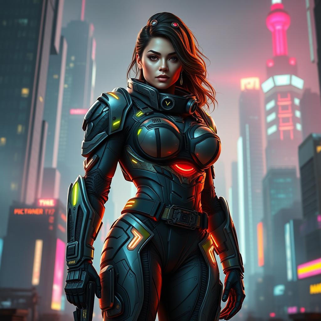 A tall, voluptuous woman serving as the captain of the Vex Diagnostics combat recovery team, clad in sleek, futuristic tactical armor that reflects a cyberpunk aesthetic