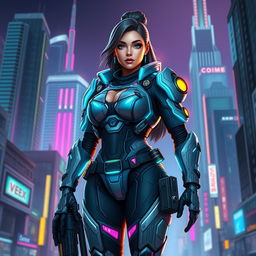 A tall, voluptuous woman serving as the captain of the Vex Diagnostics combat recovery team, clad in sleek, futuristic tactical armor that reflects a cyberpunk aesthetic