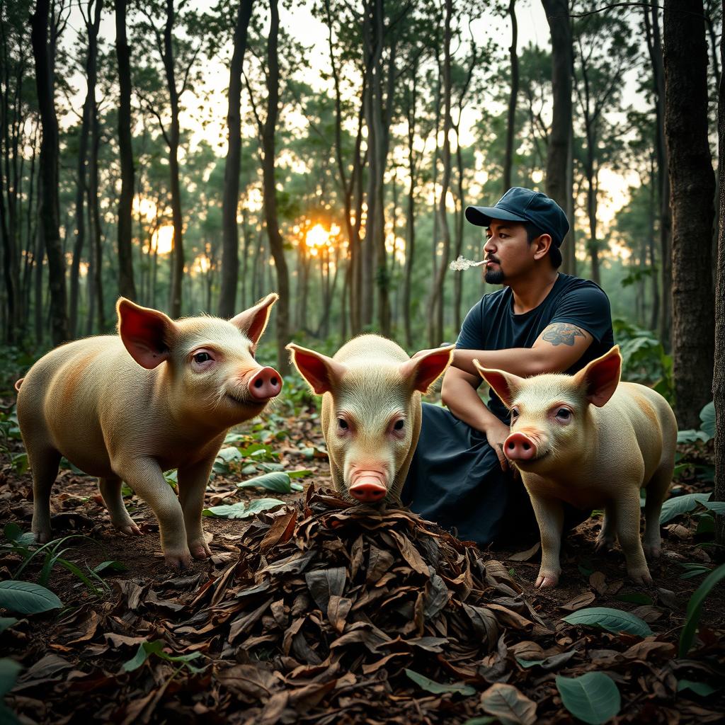 Three pigs in a dense forest during dusk