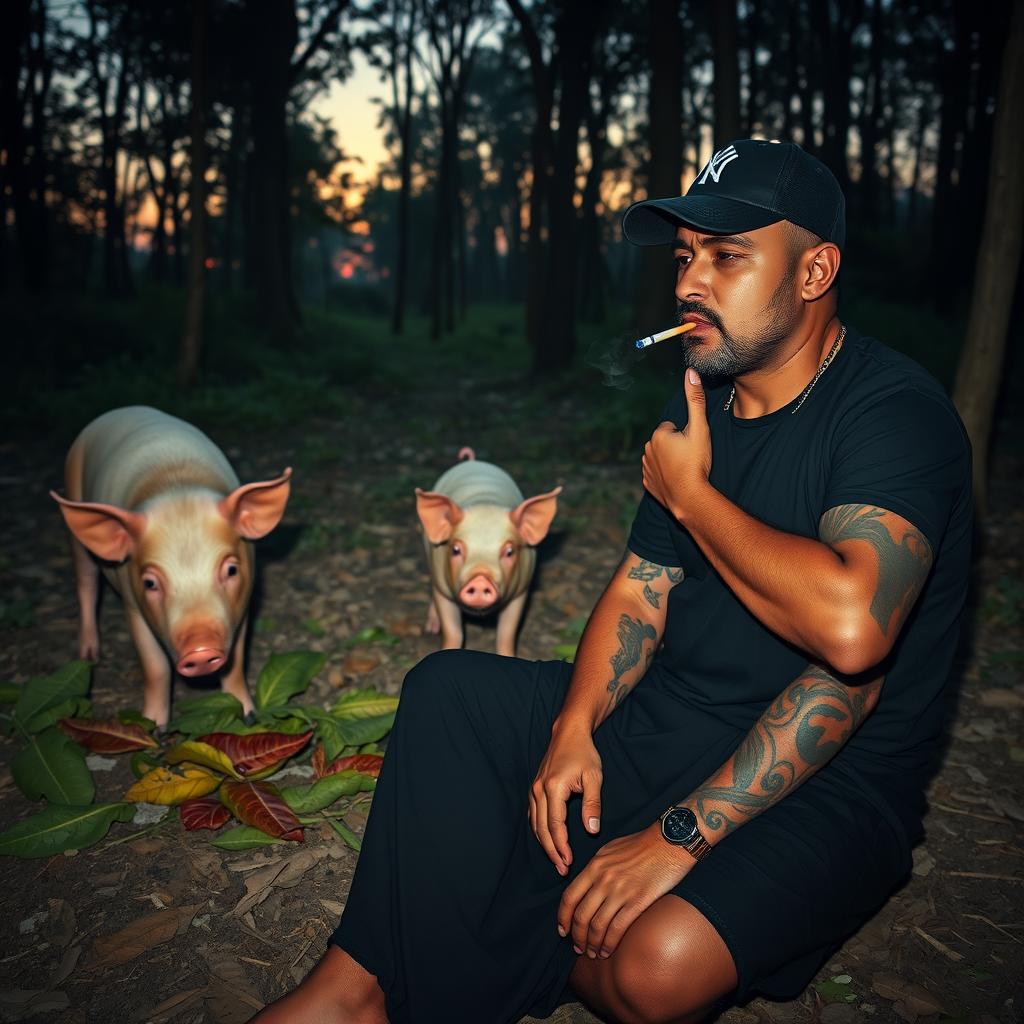 Three pigs in a dusky forest setting, one pig stomping on some tobacco leaves while the other two look on in a dazed manner
