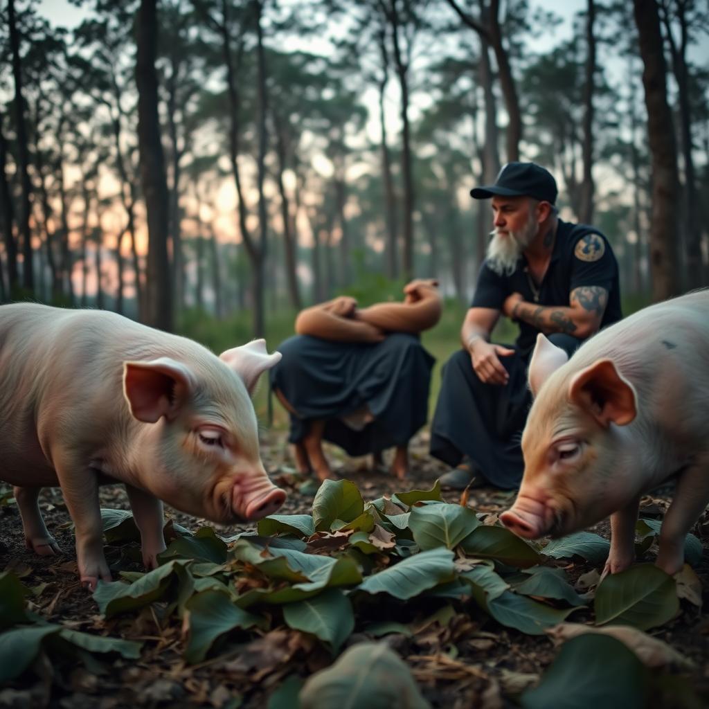 Three pigs in a forest at dusk, one pig stomping on tobacco leaves while the other two look on curiously