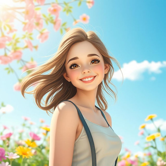 A beautiful, cute woman with an adorable smile, wearing a stylish outfit, standing in a serene outdoor setting filled with vibrant flowers and soft sunlight