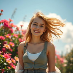 A beautiful, cute woman with an adorable smile, wearing a stylish outfit, standing in a serene outdoor setting filled with vibrant flowers and soft sunlight