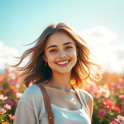 A beautiful, cute woman with an adorable smile, wearing a stylish outfit, standing in a serene outdoor setting filled with vibrant flowers and soft sunlight