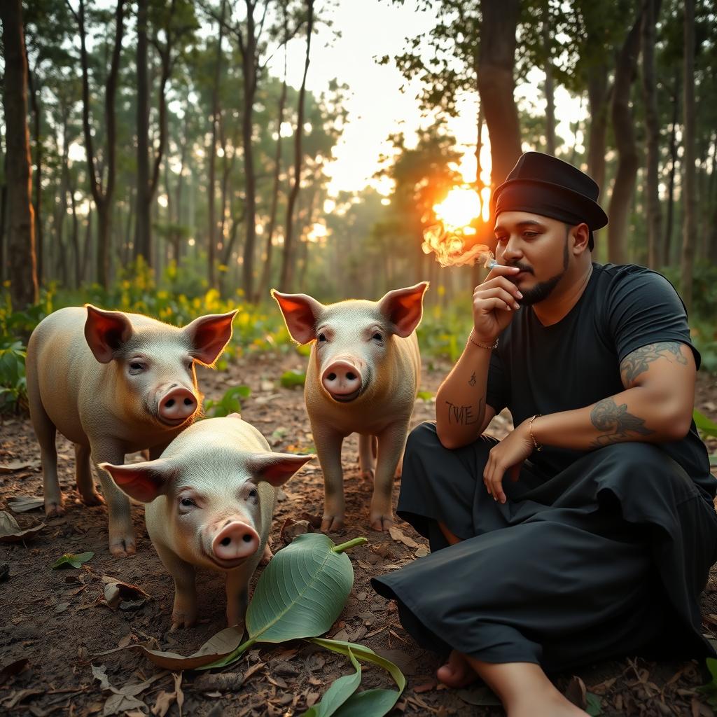 Three pigs in a forest during dusk, one pig stomping on a tobacco leaf, while the other two stand by, looking somewhat puzzled