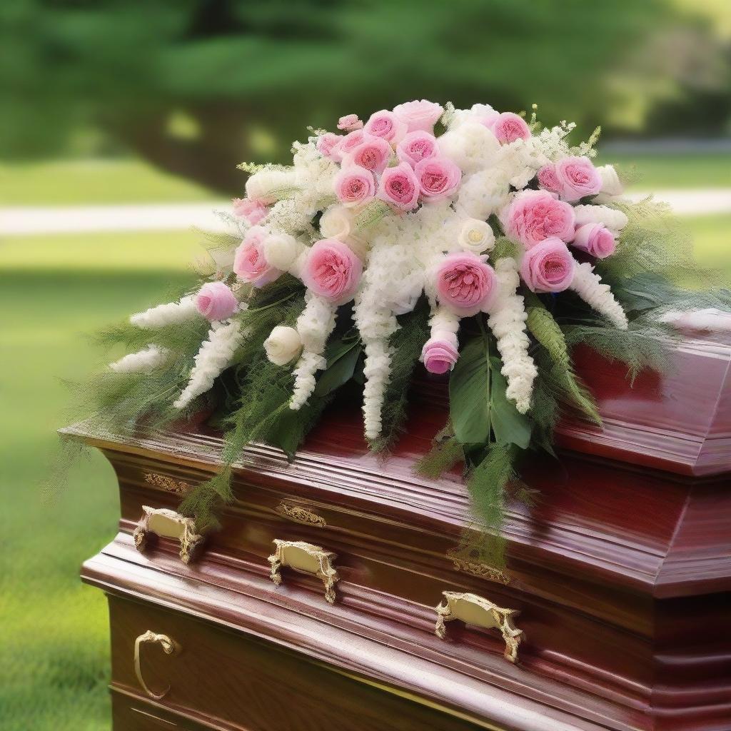 A respectful image of an ornate, well-polished funeral casket adorned with fresh flowers, captured in a serene and peaceful setting.