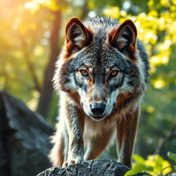 A stunning close-up photograph of a majestic grey wolf, showcasing its intense gaze and beautifully detailed fur