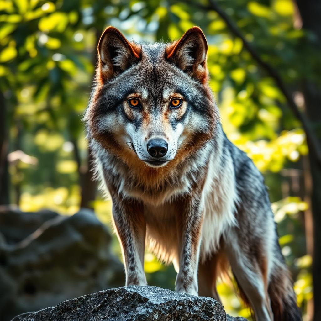 A stunning close-up photograph of a majestic grey wolf, showcasing its intense gaze and beautifully detailed fur