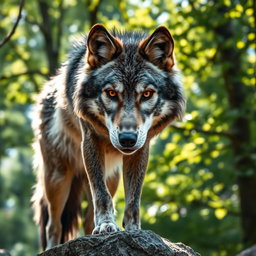 A stunning close-up photograph of a majestic grey wolf, showcasing its intense gaze and beautifully detailed fur