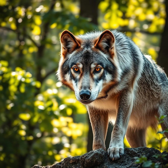 A stunning close-up photograph of a majestic grey wolf, showcasing its intense gaze and beautifully detailed fur