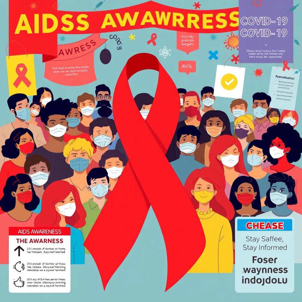 A vibrant and impactful illustration promoting AIDS awareness and COVID-19 awareness