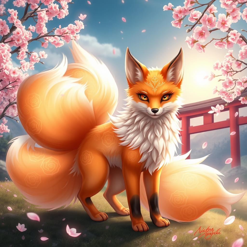 A stunning fan art of a kitsune, a mythical fox spirit from Japanese folklore