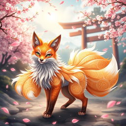 A stunning fan art of a kitsune, a mythical fox spirit from Japanese folklore
