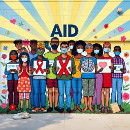 An informative and vibrant mural depicting AID awareness, COVID-19 awareness, and mental health awareness