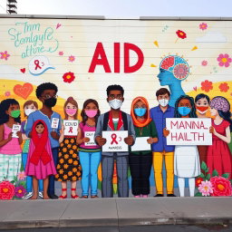 An informative and vibrant mural depicting AID awareness, COVID-19 awareness, and mental health awareness