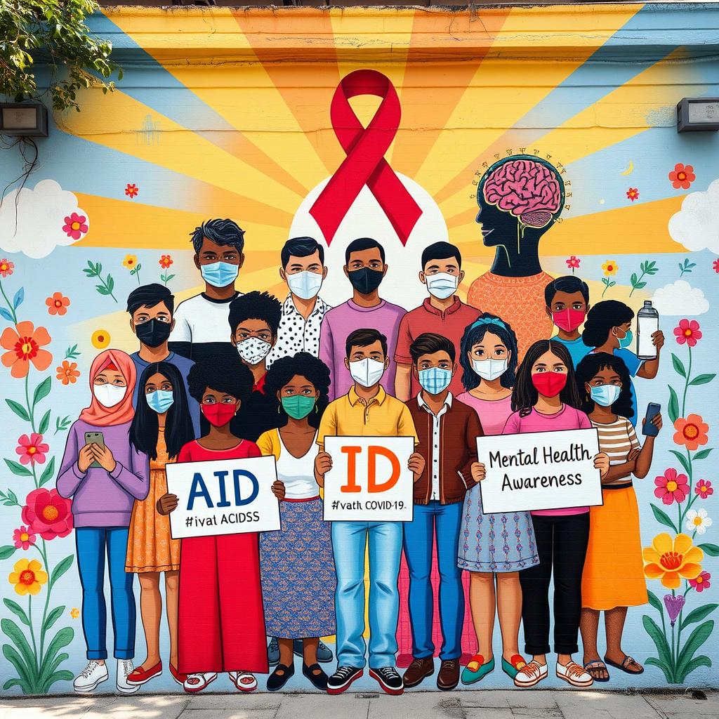 An informative and vibrant mural depicting AID awareness, COVID-19 awareness, and mental health awareness