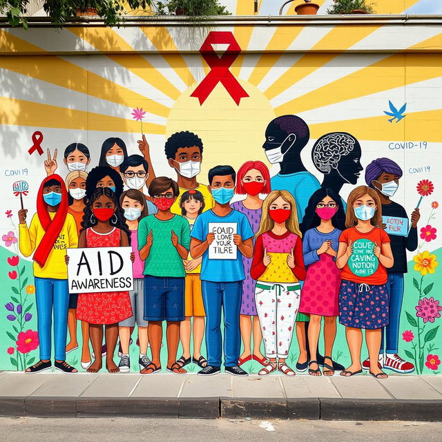 An informative and vibrant mural depicting AID awareness, COVID-19 awareness, and mental health awareness