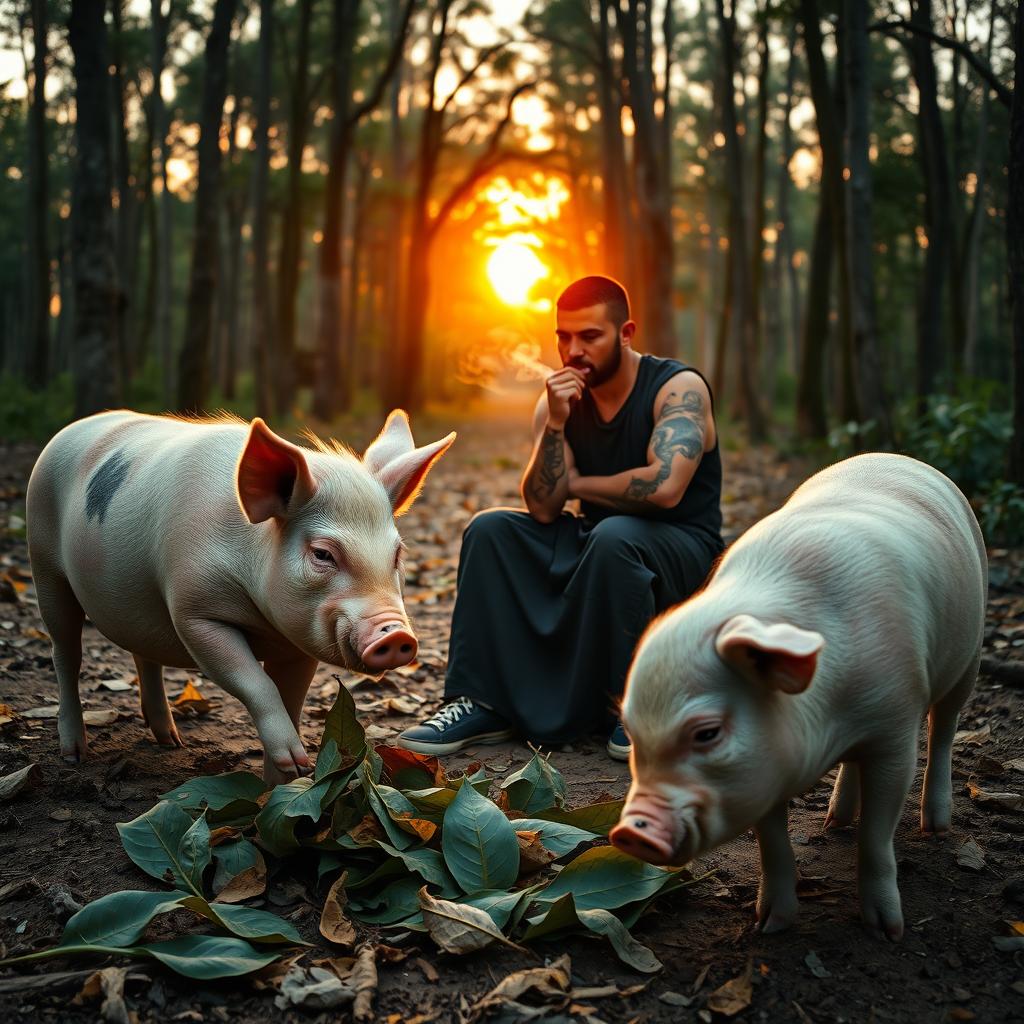 Three pigs in a forest during sunset, one pig stomping on tobacco leaves, while the other two pigs stand still, looking at a man dressed in a black sarong and black short-sleeve shirt with tattoos, sitting and smoking