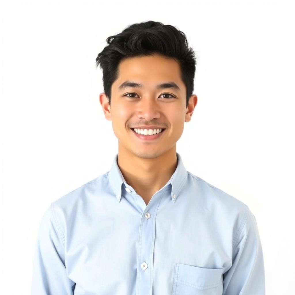 A professional portrait of a confident individual standing in front of a bright white background, wearing a light blue shirt