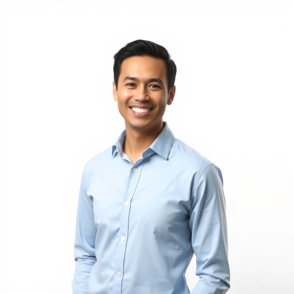A professional portrait of a confident person standing in front of a bright white background, wearing a light blue shirt