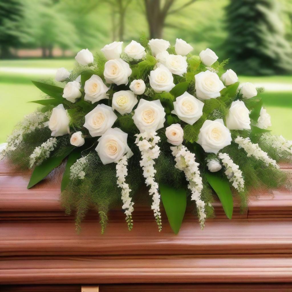 A respectful image of an ornate, well-polished funeral casket adorned with fresh flowers, captured in a serene and peaceful setting.