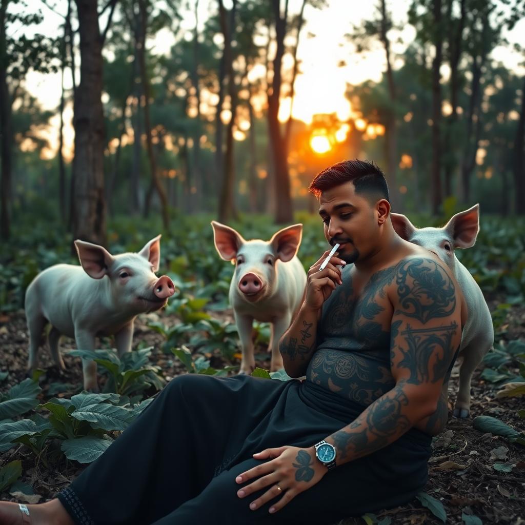 Three pigs in a forest at dusk, one pig stomping on tobacco leaves while the other two watch in a dazed manner