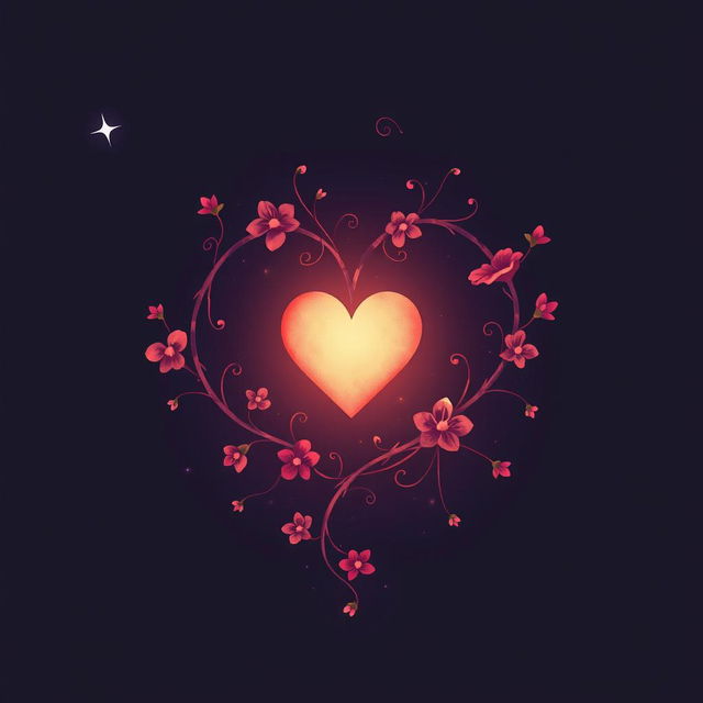 A romantic and mysterious illustration featuring a heart symbol intertwined with delicate vines and flowers