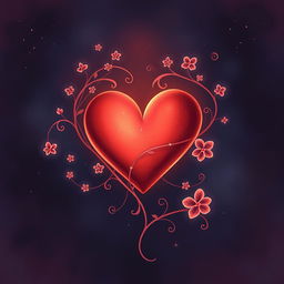 A romantic and mysterious illustration featuring a heart symbol intertwined with delicate vines and flowers