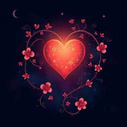 A romantic and mysterious illustration featuring a heart symbol intertwined with delicate vines and flowers