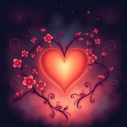 A romantic and mysterious illustration featuring a heart symbol intertwined with delicate vines and flowers